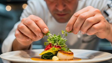 A professional chef carefully garnishing a gourmet scallop dish