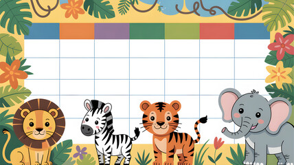 Fototapeta premium Cute jungle animals schedule planner with blank grid