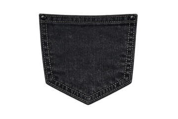 Black denim jeans back pocket with rivet details, featuring white contrasting stitching on transparent background