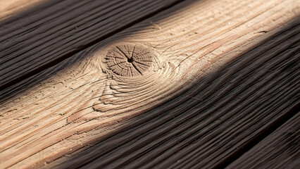Detailed texture of sunlit wood grain with a natural knot