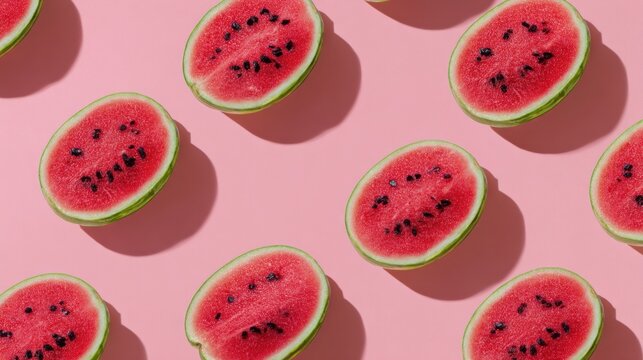 Fresh watermelon halves on pink background with seeds. - Powered by Adobe