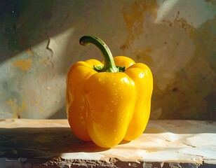 A glossy yellow bell pepper with water droplets, lit by a warm light against a textured, aged backdrop