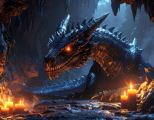 A menacing black dragon rests in a dim cave lit by candlelight, its eyes glowing