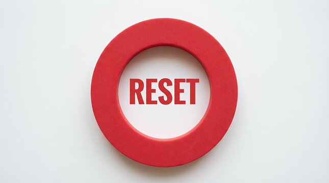A bright red ring frames the word RESET in bold red capital letters symbolizing a fresh start or a return to a default setting restart refresh renewal new beginning start over