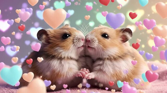 Two Hamsters in Love Surrounded by Hearts - This video depicts two adorable hamsters with their noses touching, seemingly in love.