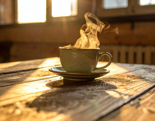 Rustic coffee cup on a wooden windowsill in morning light