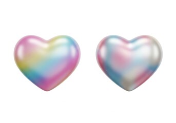 Obraz premium Two glossy iridescent pastel rainbow hearts side by side, 3d rendered love symbols with soft pearlescent sheen