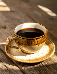 Close-up of black coffee in a speckled ceramic cup on rustic wood