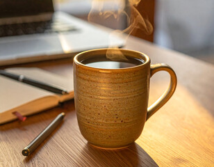 A steaming ceramic coffee mug placed on a wooden desk next to a modern laptop and a blank notebook, beautifully lit by natural morning sunlight.