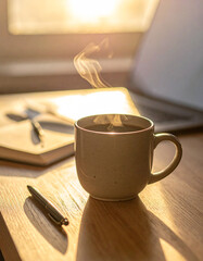 A steaming ceramic coffee mug placed on a wooden desk next to a modern laptop and a blank notebook, beautifully lit by natural morning sunlight.