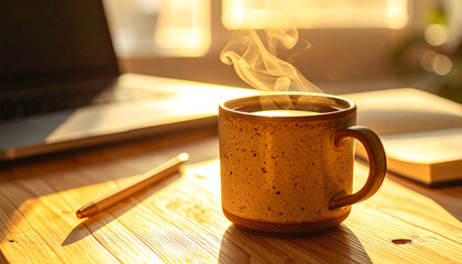A steaming ceramic coffee mug placed on a wooden desk next to a modern laptop and a blank notebook, beautifully lit by natural morning sunlight.