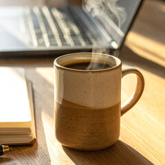 A steaming ceramic coffee mug placed on a wooden desk next to a modern laptop and a blank notebook, beautifully lit by natural morning sunlight.