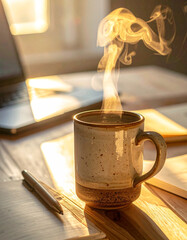 A steaming ceramic coffee mug placed on a wooden desk next to a modern laptop and a blank notebook, beautifully lit by natural morning sunlight.