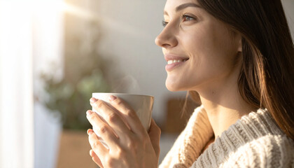 A cheerful young female relaxing with a cup of hot coffee during sunrise. The image captures a sense of comfort, warmth, and natural beauty with a focus on her expressive smile