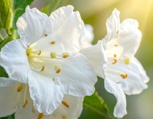 Elegant White Weigela Flowers in Soft Sunlight.