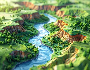 A miniature landscape features a river winding through green hills and tan canyons, stylized with a tilt-shift effect