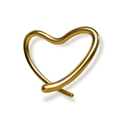 3d gold hand written heart with shadow on white background. Decorative elements for Valentines day or wedding design. Love sign and symbol. Vector illustration.