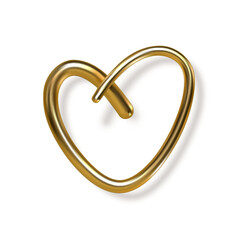 3d gold hand written heart with shadow on white background. Decorative elements for Valentines day or wedding design. Love sign and symbol. Vector illustration.