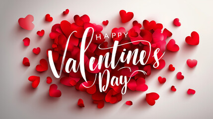 Fototapeta premium Elegant hand lettering design for Happy Valentines Day with scattered red hearts, calligraphy artwork, romantic typography, love message, festive graphics, with copy space