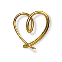 3d gold hand written heart with shadow on white background. Decorative elements for Valentines day or wedding design. Love sign and symbol. Vector illustration.