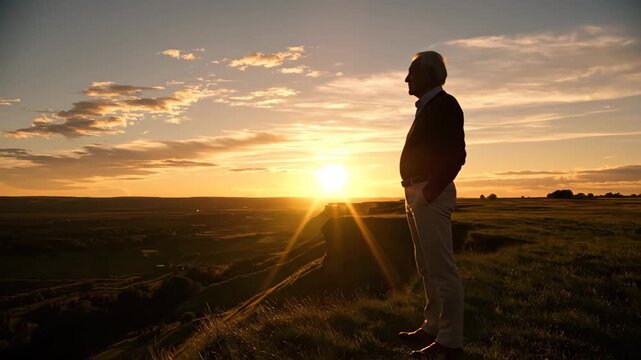A contemplative senior man, silhouetted against a radiant sunset, standing on a grassy hillside, gazing thoughtfully at the horizon, embracing the golden hour's tranquil beauty and reflectin