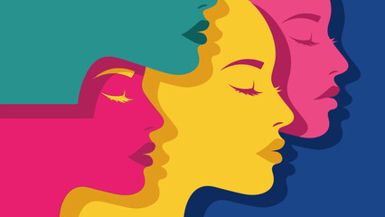 Vibrant Pop Art Illustration of Three Women's Profiles. Layered Female Faces Symbolizing Diversity, Sisterhood, and Feminine Power in Bold Color Blocks.