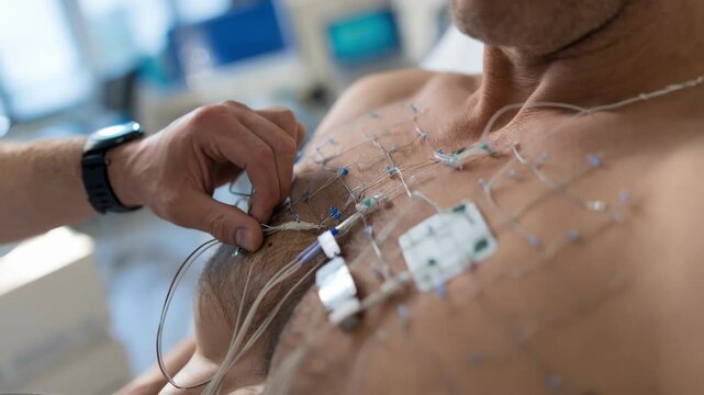 Professional adjusts a cardiac rhythm patch on a patients torso emphasizing the sensors surface and connections with a blurred hospital room background.
