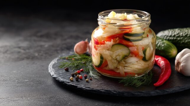 Homemade fermented vegetable mix in jar on slate with herbs and spices.