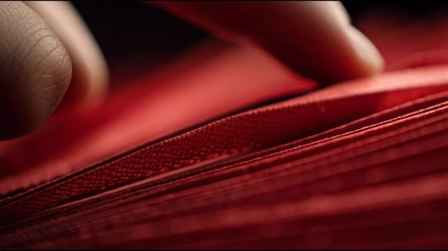 Macro close-up of a finger precisely pressing a sharp crease into textured red origami paper during the folding process