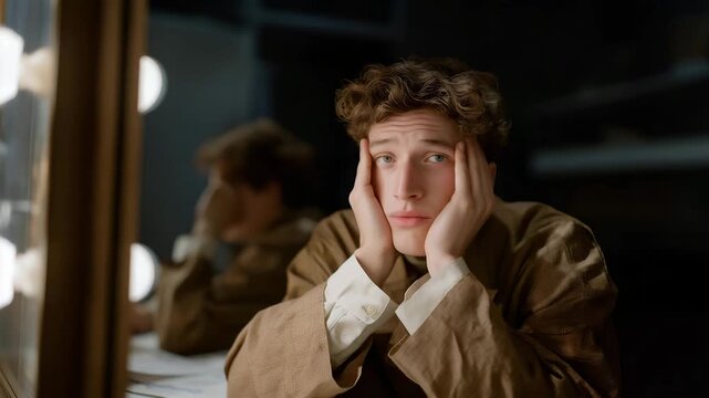 A backstage moment of a comedian rehearsing lines in front of a mirror, reflection revealing both exhaustion and determination before stepping on stage. cinematic color correction, natural uneven