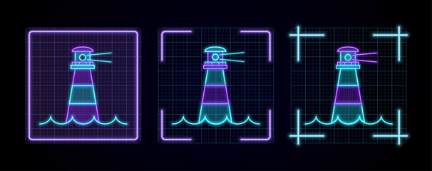 Lighthouse icon illustration, cyber neon visual, glowing border grid vector.