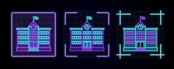 School icon illustration, cyber neon visual, glowing border grid vector.