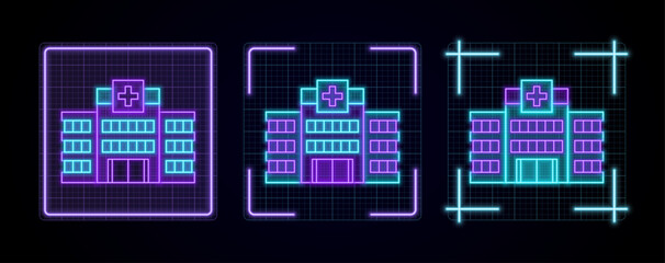 Hospital icon illustration, cyber neon visual, glowing border grid vector.