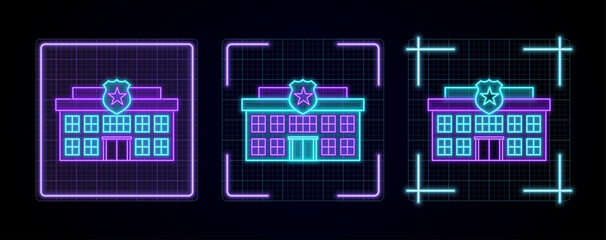 Police Station icon illustration, cyber neon visual, glowing border grid vector.