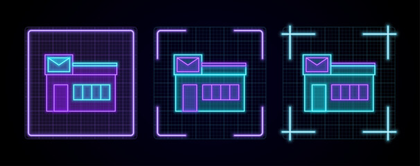 Post Office icon illustration, cyber neon visual, glowing border grid vector.