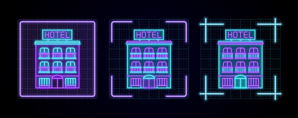 Hotel icon illustration, cyber neon visual, glowing border grid vector.
