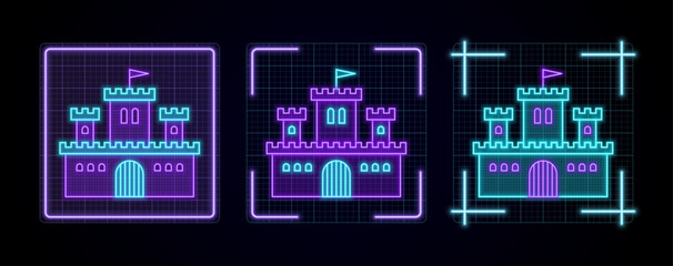 Fortress icon illustration, cyber neon visual, glowing border grid vector.