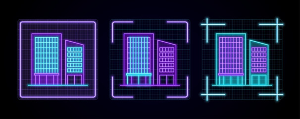 Office buildings icon illustration, cyber neon visual, glowing border grid vector.