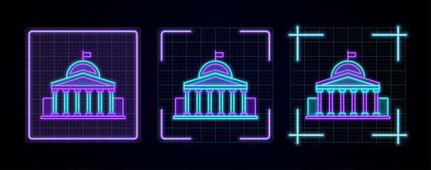 Goverment icon illustration, cyber neon visual, glowing border grid vector.