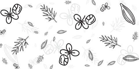 Botanical pattern with leaves and flowers, minimal design with black and white elements