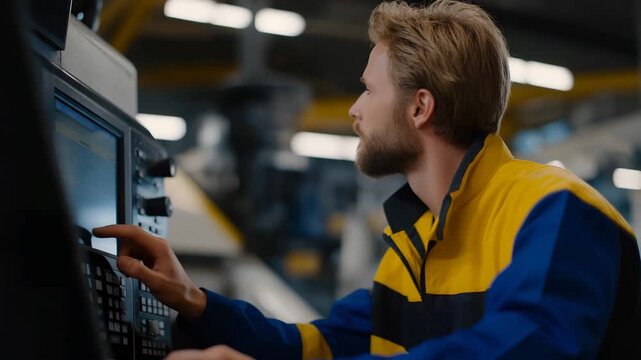 A factory technician monitoring a CNC milling machine via a digital control panel, real-time metrics displaying speed, tolerance, and tool wear for quality assurance. cinematic color correction,