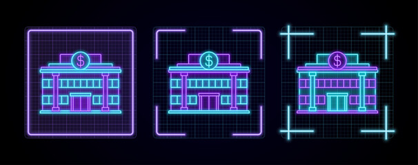 Bank icon illustration, cyber neon visual, glowing border grid vector.