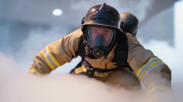 A firefighter training in a CO₂-suppressed simulation room, white vapor filling the chamber as they practice navigating low-visibility emergency conditions &mdash; safety training, emergency response