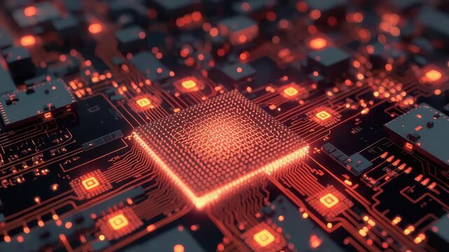 Glowing central processor microchip circuit board motherboard electronic chip with warm red orange