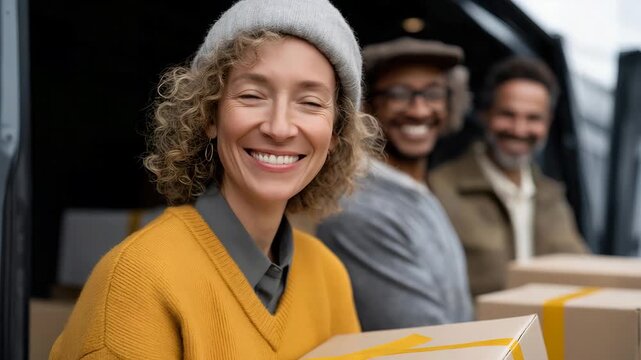 A group of coworkers participating in a corporate winter donation event, loading boxes of hygiene kits and thermal wear into a van destined for a nearby outreach center. cinematic color correction,