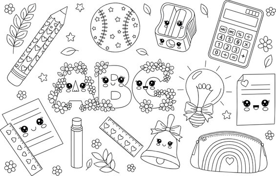 Back to school doodle set with cute supplies, alphabet, calculator, light bulb, and stationery in black and white coloring page vector style