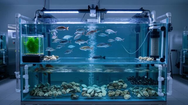 Medium shot of an advanced coop tank system where shellfish and fish coexist highlighting seamless integration and sustainable aquaculture techniques in a controlled marine
