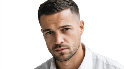 Fototapeta premium Young caucasian male with short hair wearing white shirt on white background.