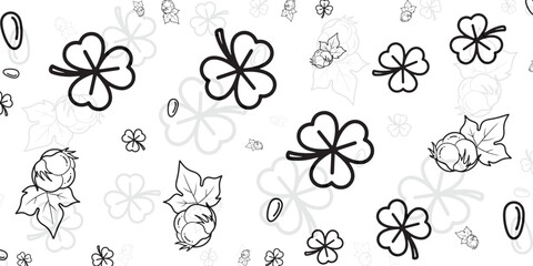 Seamless pattern of lucky four-leaf clovers and cotton bolls in a simple, elegant black and white design