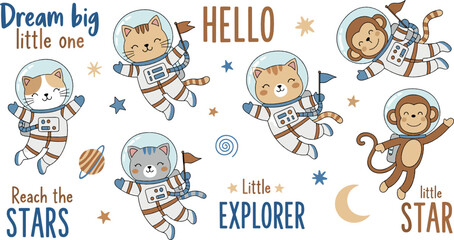 Fototapeta premium Cute astronaut animal characters set with cat, bear, and monkey in space theme for kids, nursery decor, and vector illustrations